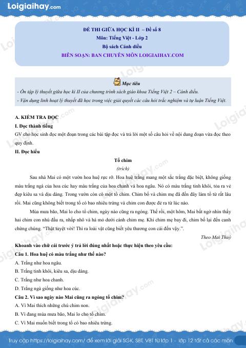 Đề thi giữa học kì 2 Tiếng Việt 2 CD - Đề số 8